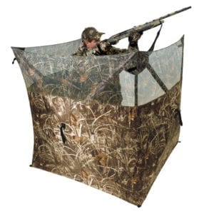 This is the product view of the round boat hunting blind by ameristep. Shows hunter with a shotgun inside.
