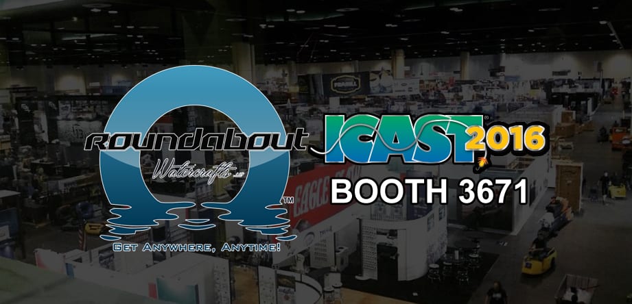 This is a graphic showing the icast 2016 logo and the roundabout watercrafts logo along with the booth number of 3671